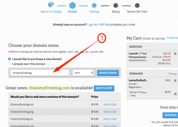 InMotion Hosting Selecting Domain Name
